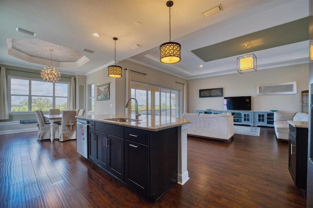 kitchen featuring hanging light fixtures, dark wood-type flooring, a tray ceiling, sink, and a kitchen island with sink