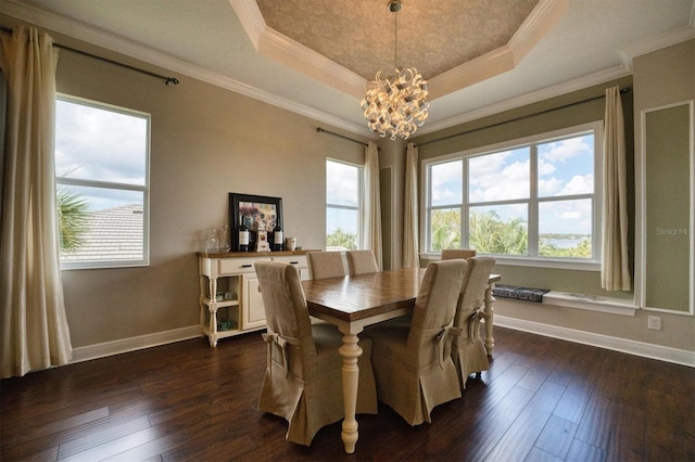 dining area with a tray ceiling, dark hardwood / wood-style flooring, and ornamental molding