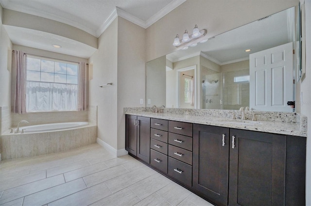 bathroom featuring ornamental molding, vanity, and shower with separate bathtub