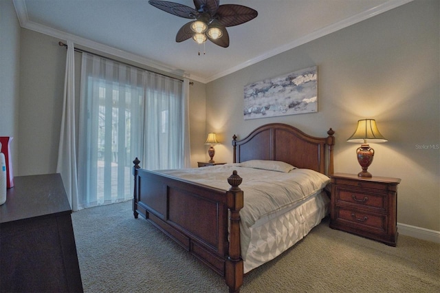 bedroom featuring light colored carpet, ceiling fan, and ornamental molding