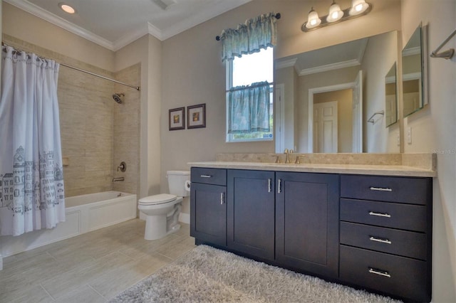 full bathroom featuring shower / tub combo with curtain, vanity, crown molding, and toilet