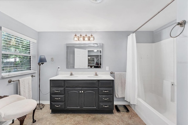 full bathroom featuring baseboards, vanity, and shower / bath combination with curtain