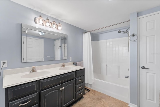 full bath with shower / bathtub combination with curtain, double vanity, and a sink