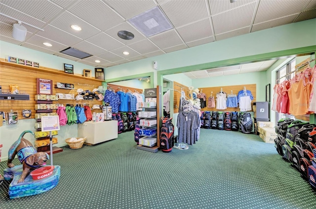 misc room with carpet flooring and wooden walls