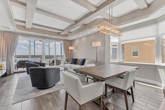 dining room featuring hardwood / wood-style flooring, beamed ceiling, coffered ceiling, and a chandelier