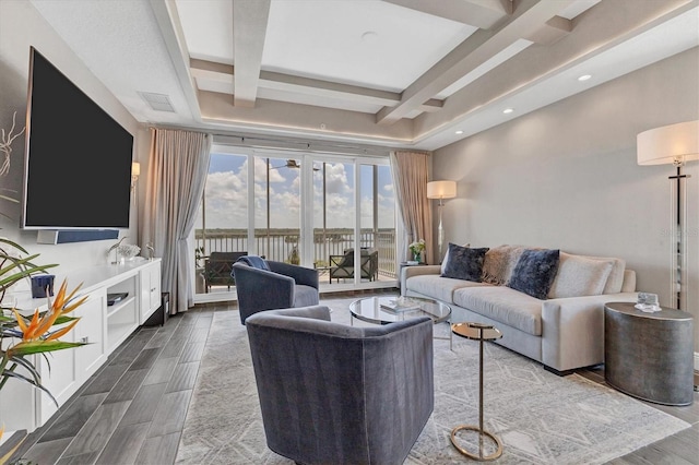 living room with wood-type flooring, beamed ceiling, and coffered ceiling