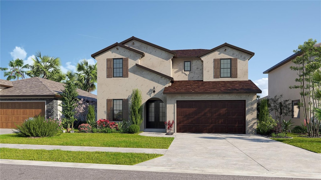 mediterranean / spanish-style house featuring a front yard and a garage