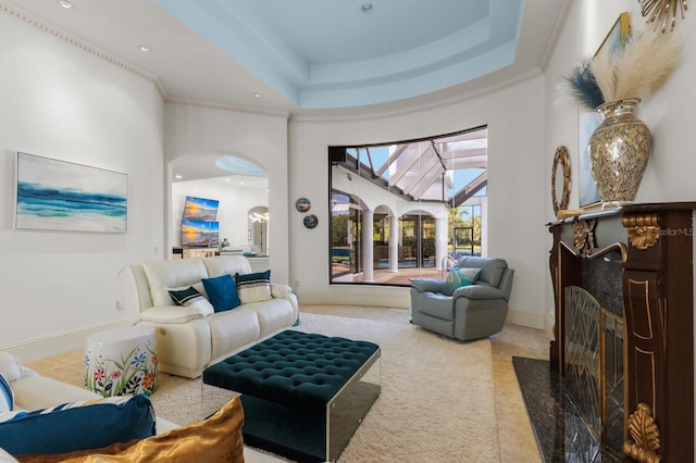 living room featuring a raised ceiling, a towering ceiling, and ornamental molding