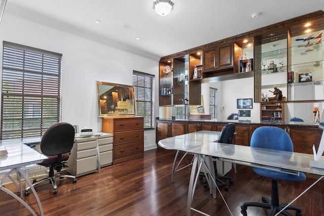 office space featuring dark hardwood / wood-style flooring and crown molding