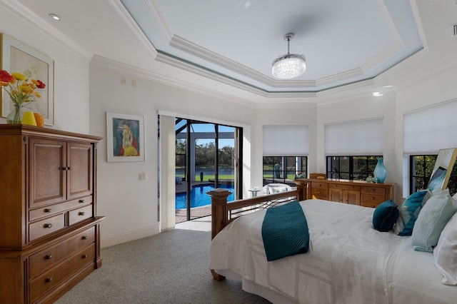 bedroom with access to outside, a raised ceiling, crown molding, a notable chandelier, and light colored carpet