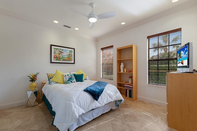 bedroom featuring ceiling fan and ornamental molding