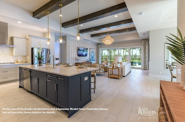 kitchen featuring white cabinets, a center island with sink, beamed ceiling, and decorative light fixtures