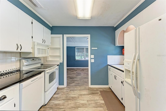 kitchen with light hardwood / wood-style floors, white cabinetry, tasteful backsplash, white appliances, and crown molding