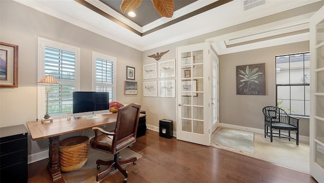 home office featuring ceiling fan, hardwood / wood-style floors, ornamental molding, and french doors