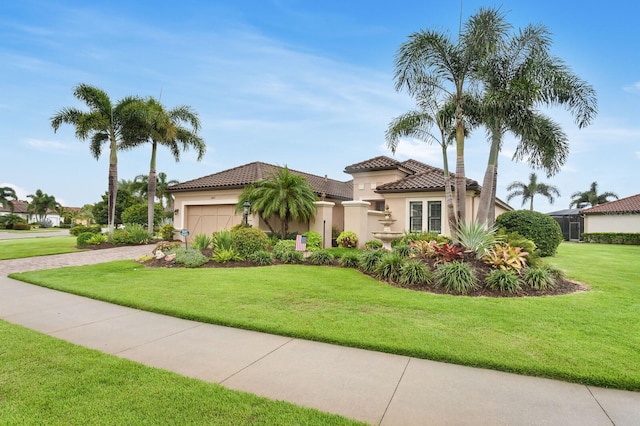 12663 Fontana Loop, Bradenton, FL 34211 - mediterranean / spanish house with stucco siding, a garage, a front lawn, and a tile roof