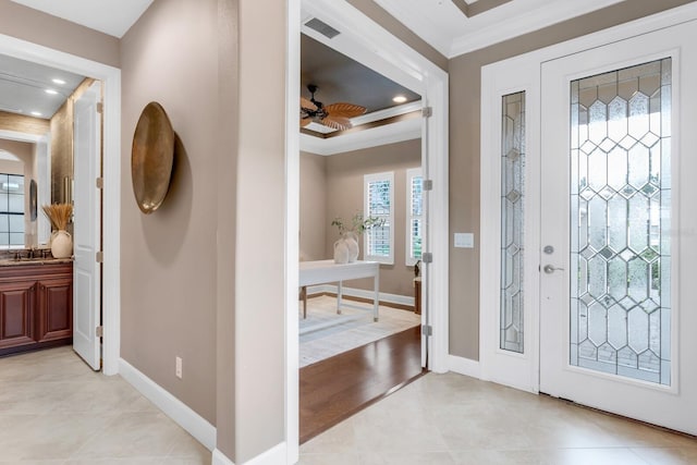 12663 Fontana Loop, Bradenton, FL 34211 - foyer entrance featuring crown molding, ceiling fan, recessed lighting, and light tile patterned floors