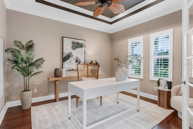 12663 Fontana Loop, Bradenton, FL 34211 - office featuring ornamental molding, wood finished floors, ceiling fan, and a raised ceiling