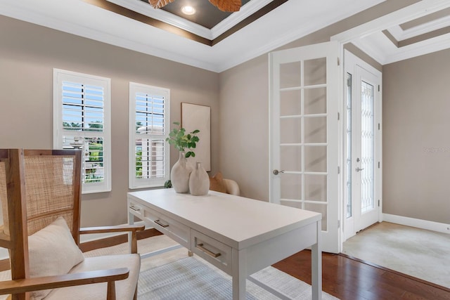 12663 Fontana Loop, Bradenton, FL 34211 - home office featuring crown molding, hardwood / wood-style floors, and a raised ceiling