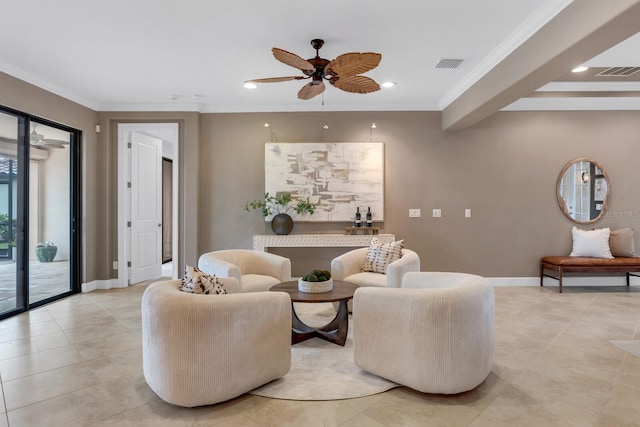 12663 Fontana Loop, Bradenton, FL 34211 - living area featuring ceiling fan, recessed lighting, light tile patterned floors, and ornamental molding