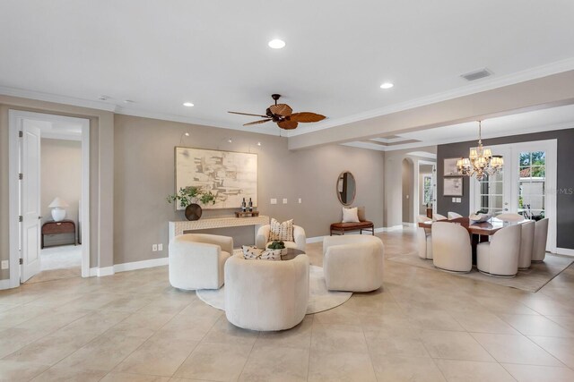 12663 Fontana Loop, Bradenton, FL 34211 - living room featuring a chandelier, arched walkways, recessed lighting, ceiling fan, and crown molding