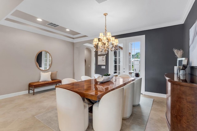 12663 Fontana Loop, Bradenton, FL 34211 - dining area featuring a chandelier, arched walkways, light tile patterned flooring, ornamental molding, and recessed lighting