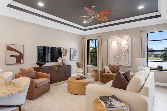 12663 Fontana Loop, Bradenton, FL 34211 - living room featuring a tray ceiling, ceiling fan, light tile patterned floors, and recessed lighting