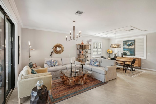 tiled living room featuring crown molding and an inviting chandelier