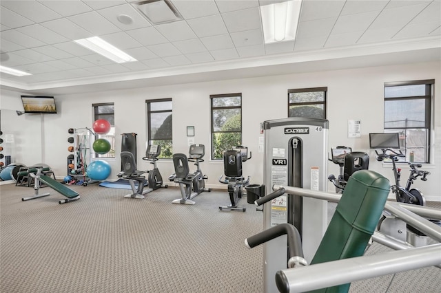 exercise room with carpet and ornamental molding