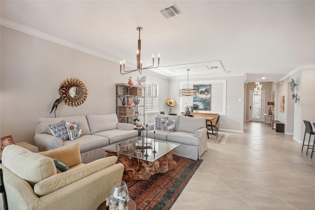 living room featuring light tile patterned floors, ornamental molding, and an inviting chandelier