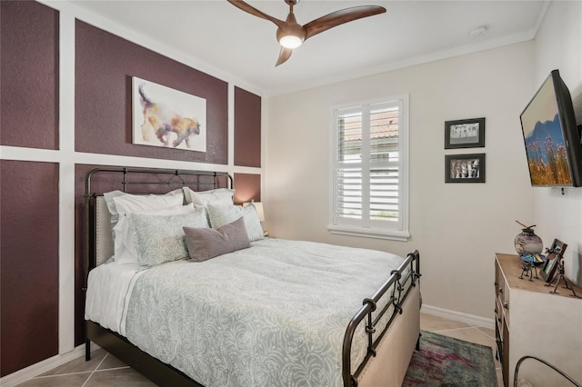 tiled bedroom with ceiling fan