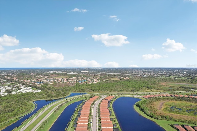 drone / aerial view featuring a water view