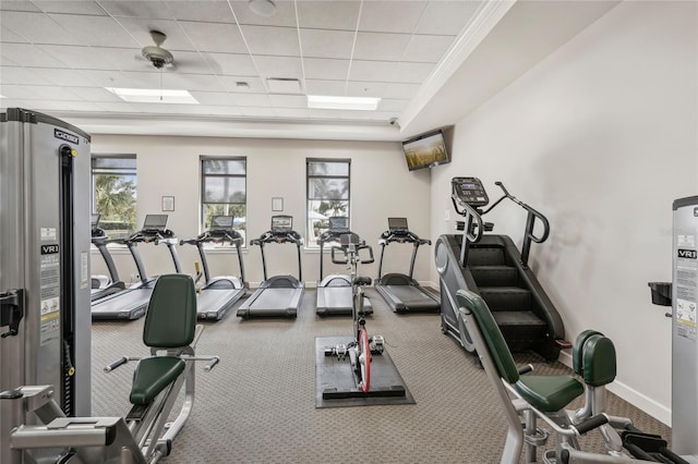 exercise room with carpet flooring and a paneled ceiling