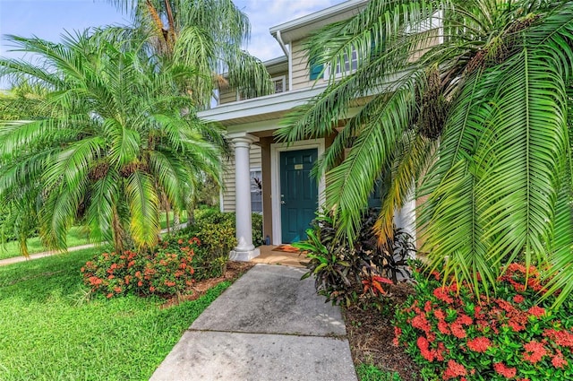 doorway to property featuring a lawn
