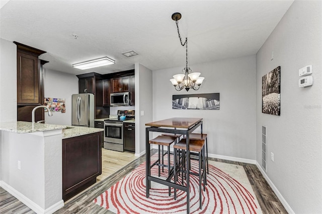kitchen with light wood-style flooring, dark brown cabinetry, and stainless steel appliances