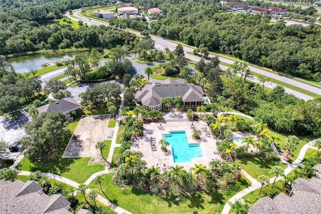 bird's eye view with a water view