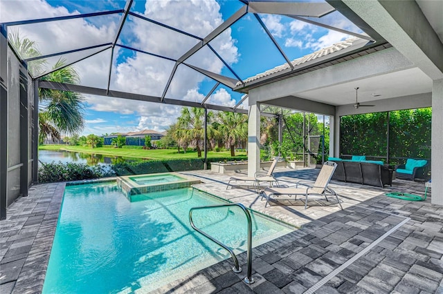 view of pool featuring glass enclosure, a water view, an in ground hot tub, outdoor lounge area, and a patio area