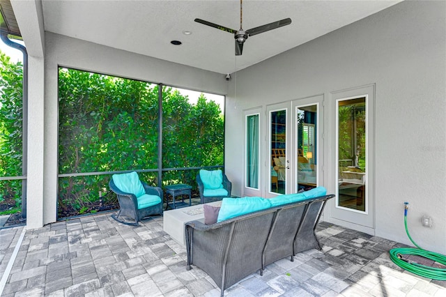 view of patio with ceiling fan, french doors, and an outdoor hangout area