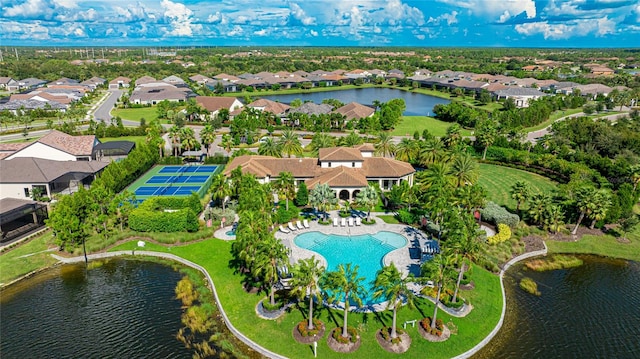 aerial view featuring a water view