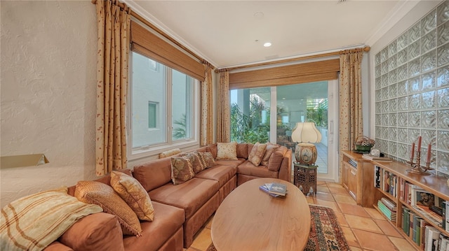 tiled living room featuring ornamental molding