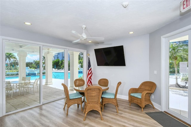 dining space with light wood-type flooring and ceiling fan