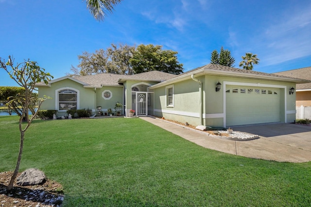 ranch-style home featuring a garage and a front yard