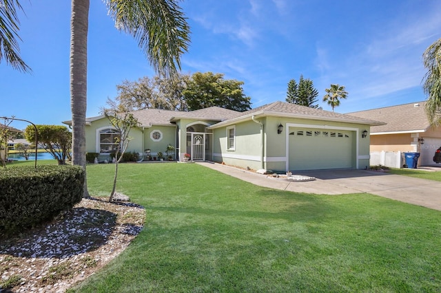 ranch-style home with a front lawn and a garage