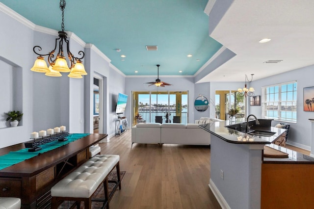 kitchen featuring hanging light fixtures, a healthy amount of sunlight, sink, and wood-type flooring