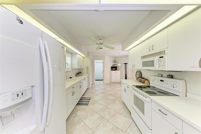 kitchen with ceiling fan, white cabinetry, white appliances, and light tile patterned floors