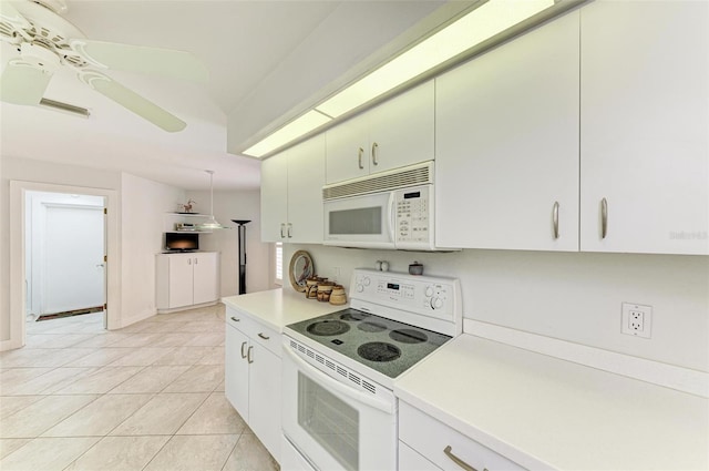 kitchen featuring white cabinets, white appliances, ceiling fan, and light tile patterned flooring