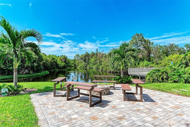 view of patio with a water view