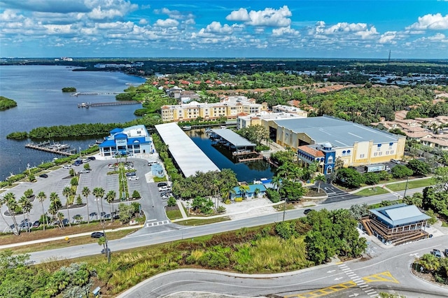 drone / aerial view with a water view