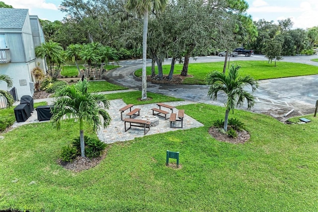 view of community featuring a lawn and curved driveway