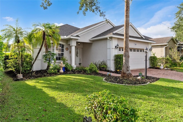 ranch-style house with a garage and a front lawn