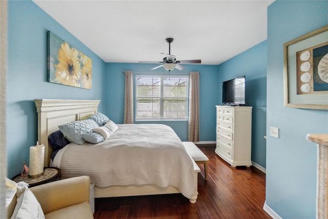 bedroom featuring ceiling fan and dark hardwood / wood-style floors